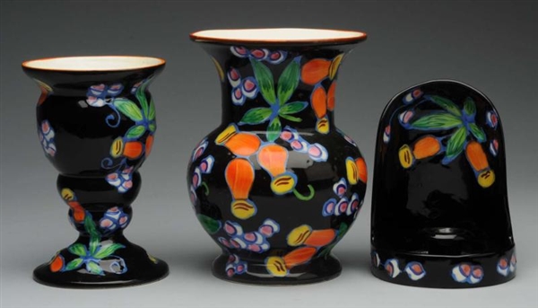 CZECH ART DECO POTTERY VASES & CHAMBERSTICK.      