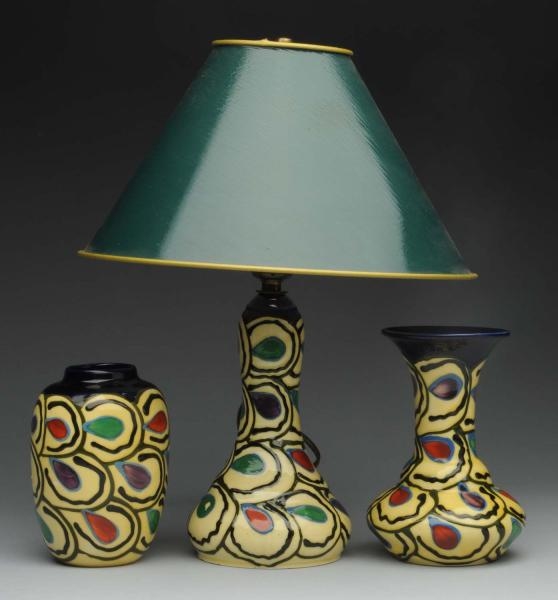 CZECH ART DECO POTTERY LAMP & VASES.              