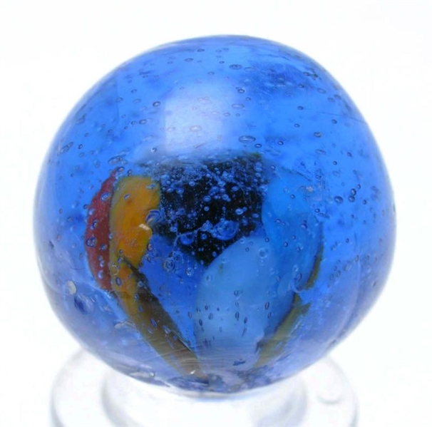 SINGLE PONTIL BLUE GLASS END OF DAY MARBLE.       