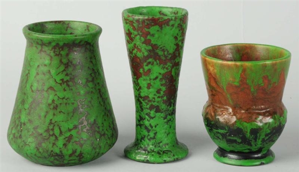 LOT OF 3: GREEN WELLER POTTERY VASES.             