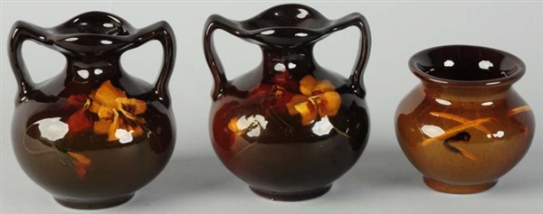 LOT OF 3: SMALL ROSEVILLE STANDARD GLAZE VASES.   