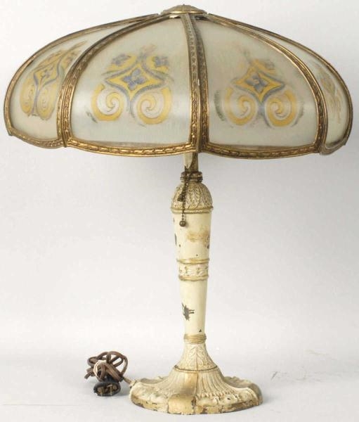 ART GLASS LAMP WITH REVERSE PAINTED ON METAL BASE 
