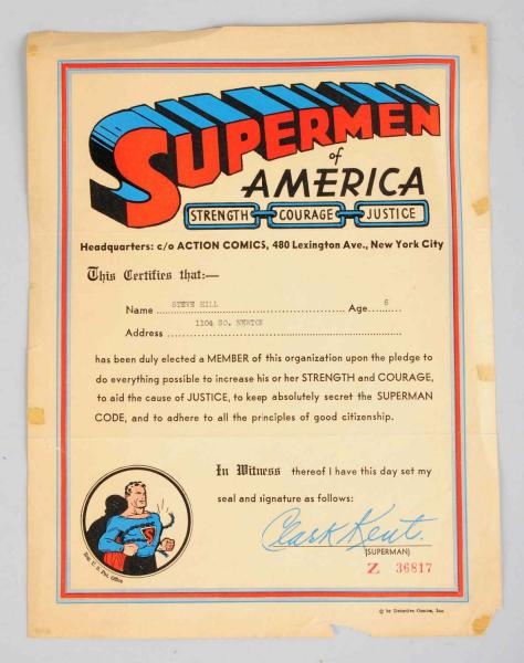 EARLY SUPERMAN OF AMERICA CERTIFICATE.            