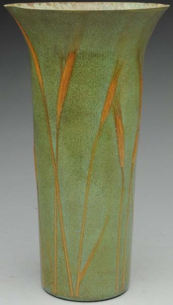 TALL METAL VASE DECORATED WITH SHEATHS OF WHEAT.  
