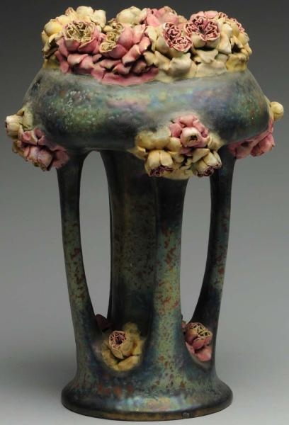 AMPHORA PILARED VASE WITH APPLIED ROSES.          