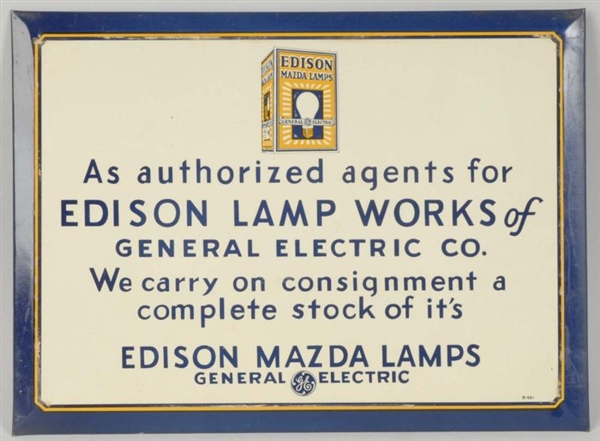 TIN OVER CARDBOARD EDISON MAZDA LAMPS SIGN.       