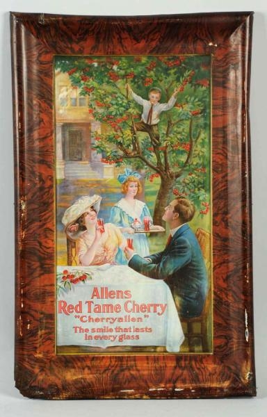 ALLENS RED TAME CHERRY SELF-FRAMED TIN SIGN.      