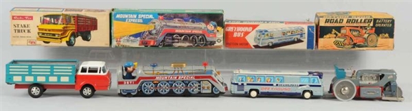 LOT OF 4: FRICTION & BATTERY-OP VEHICLE TOYS.     