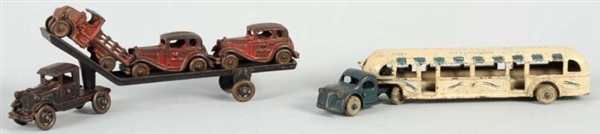 LOT OF 2: CAST IRON BUS & CAR CARRIER TOYS.       