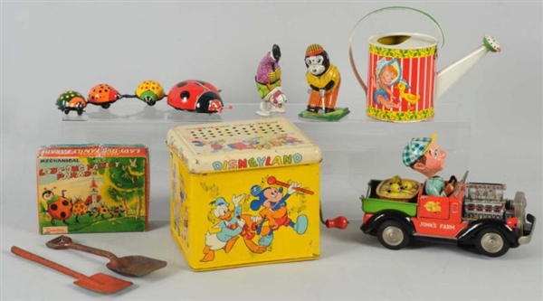 LOT OF 6: TIN LITHO TOY ITEMS.                    