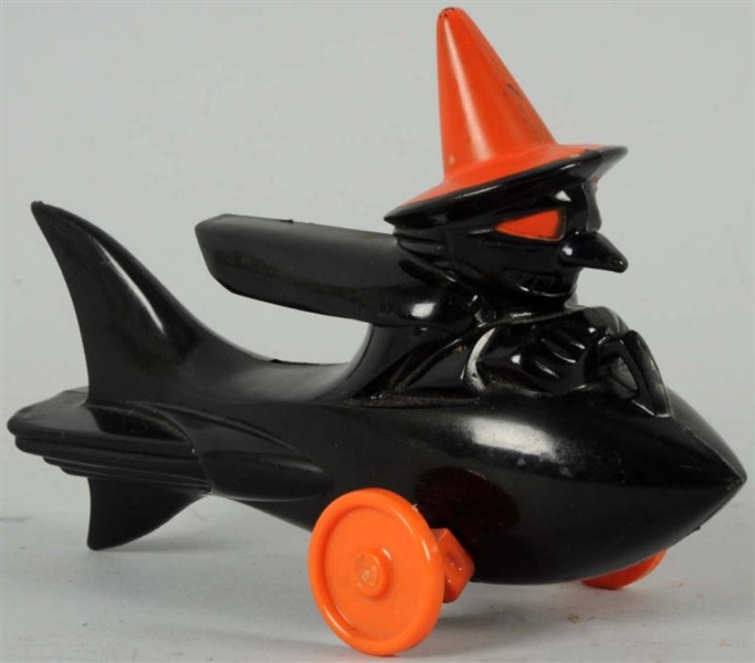 PLASTIC HALLOWEEN WITCH ON ROCKET CANDY CONTAINER 