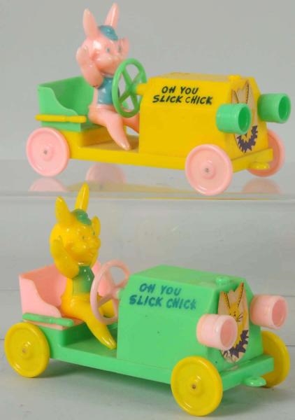 LOT OF 2: PLASTIC EASTER OPEN AIR CAR TOYS.       