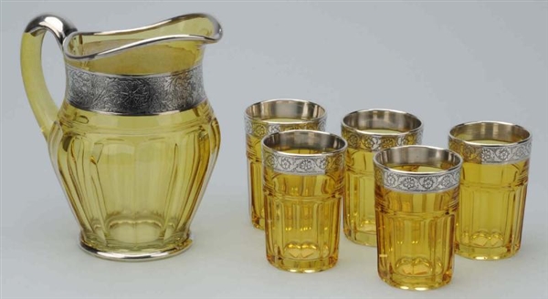 MOSER CANARY GLASS PITCHER WITH 5 GLASSES.        