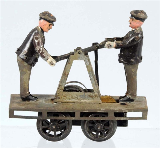 HAND-PAINTED TIN TROLLEY HANDCAR TOY.             
