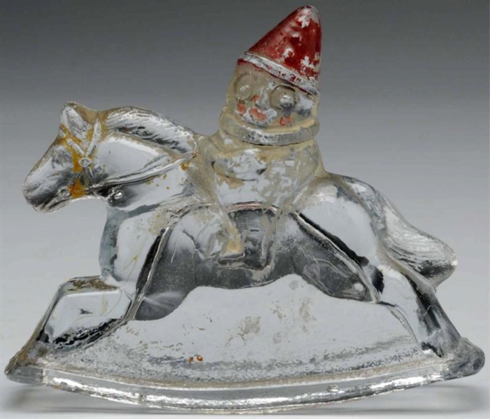 GLASS CLOWN ON ROCKING HORSE CANDY CONTAINER.     