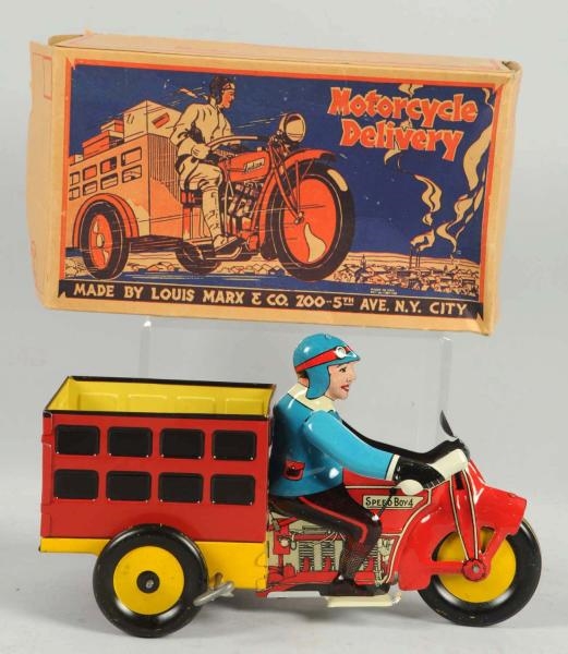 TIN LITHO MARX SPEED BOY DELIVERY MOTORCYCLE TOY. 