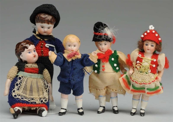 LOT OF 5: ALL-BISQUE GERMAN DOLLS.                