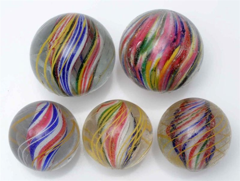 LOT OF 5: LARGE HANDMADE MARBLES.                 
