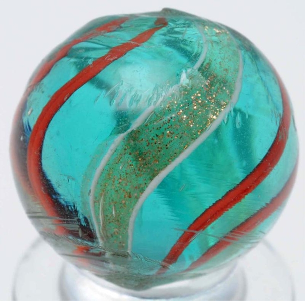 TURQUOISE GLASS RED BANDED LUTZ MARBLE.           