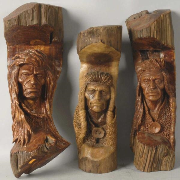 LOT OF 3: WOODEN CARVED INDIAN HEADS.             