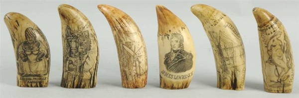LOT OF 6: SIMULATED IVORY SCRIMSHAW WHALE TEETH.  
