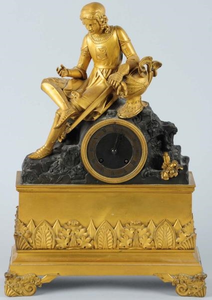 BRONZE FRENCH CLOCK WITH KNIGHT IN ARMOR.         