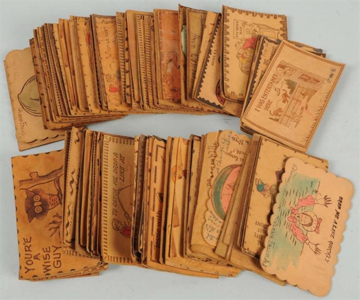 LARGE LOT OF 50+ LEATHER POSTCARDS.               