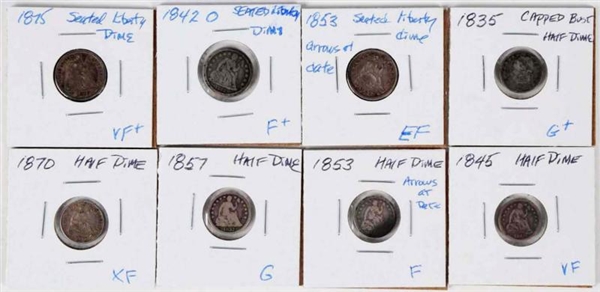 LOT OF 8: HALF DIMES & SEATED LIBERTY DIMES.      