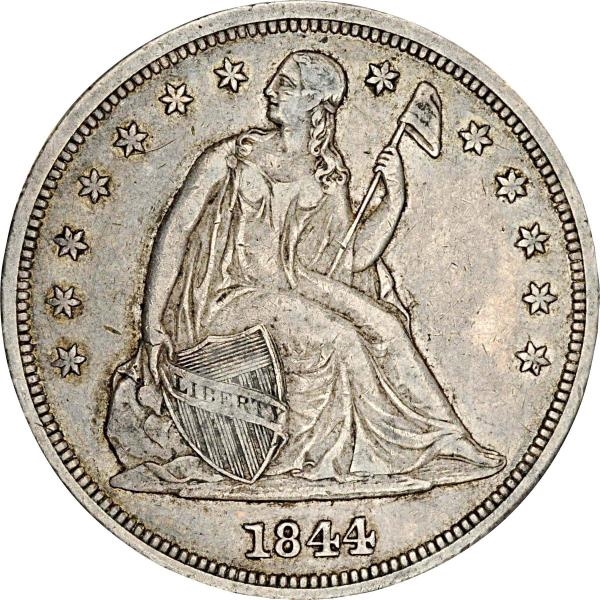 1844 SEATED LIBERTY SILVER DOLLAR F+.             