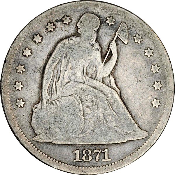1871 SEATED LIBERTY SILVER DOLLAR VG+.            