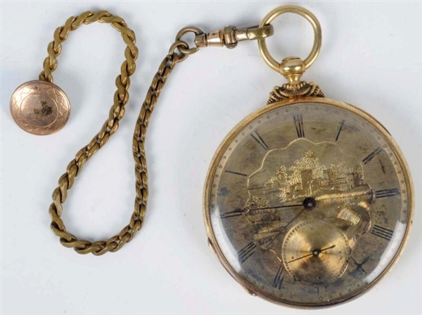 18K YELLOW GOLD POCKET WATCH WITH CHAIN.          
