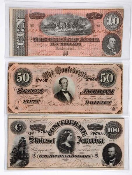 LOT OF 3: CONFEDERATE BANK NOTES.                 