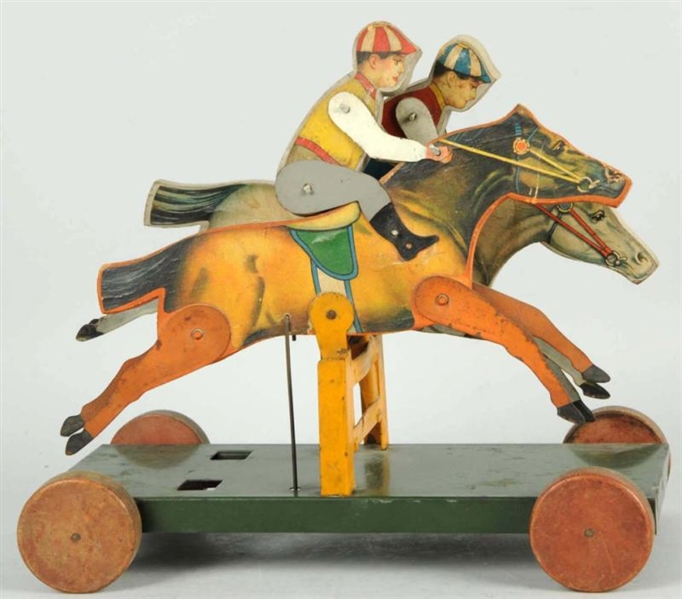 EARLY PAPER ON WOOD & TIN HORSE RACE TOY.         
