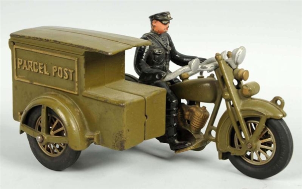 CAST IRON HUBLEY PARCEL POST MOTORCYCLE TOY.      