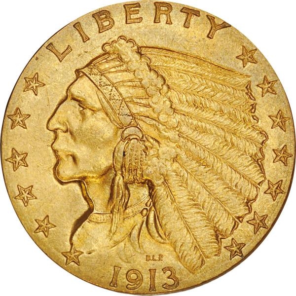 1913 $2-1/2 GOLD INDIAN COIN.                     