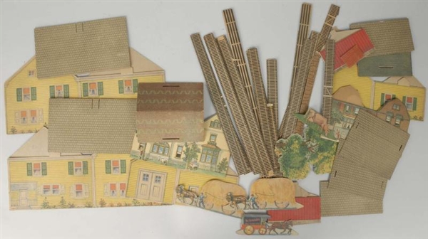 LARGE LOT OF CUTOUT HOUSES, TRAIN TRACK & PEOPLE. 