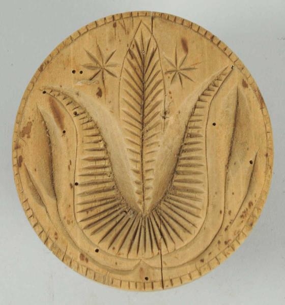 PRIMITIVE WOODEN 2-SIDED BUTTER MOLD.             
