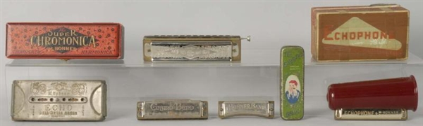 LOT OF 5: ASSORTED HARMONICAS WITH 2 BOXES.       