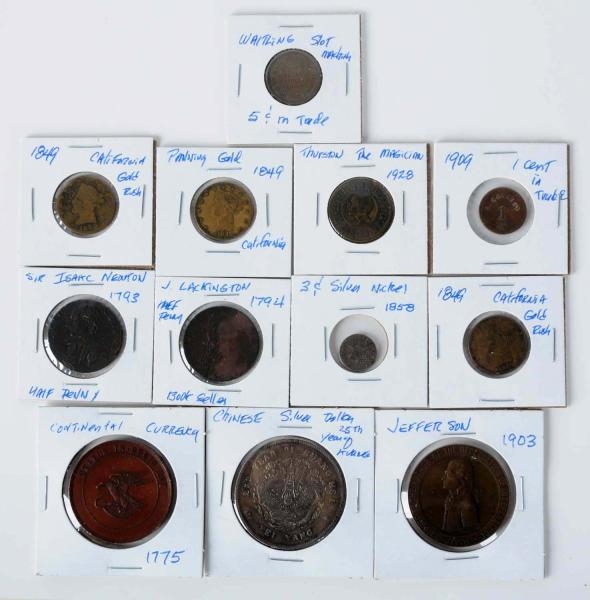 LOT OF 12: TOKENS, MEDALS, & COINS.               
