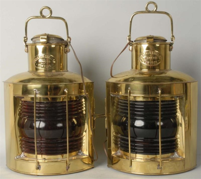 PAIR OF LARGE RUSSEL & STOLL BRASS SHIP LANTERNS. 