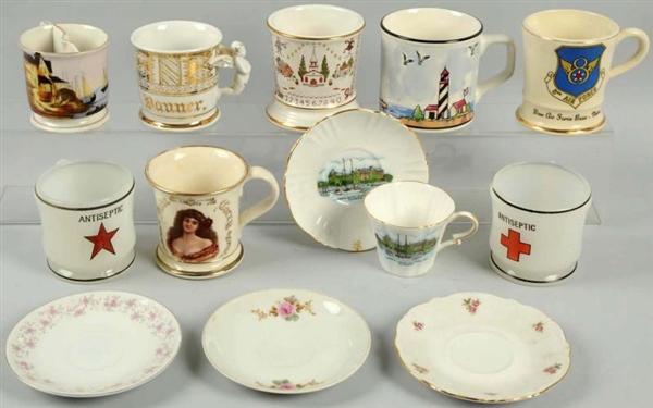 LOT OF SHAVING MUGS & TEACUPS WITH SAUCERS.       