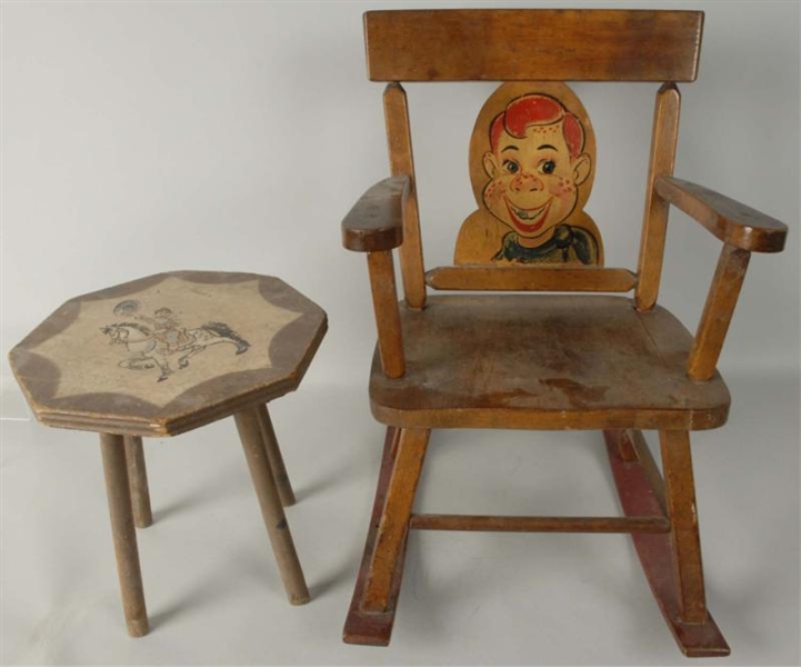 WOODEN HOWDY DOODY ROCKING CHAIR & TABLE.         