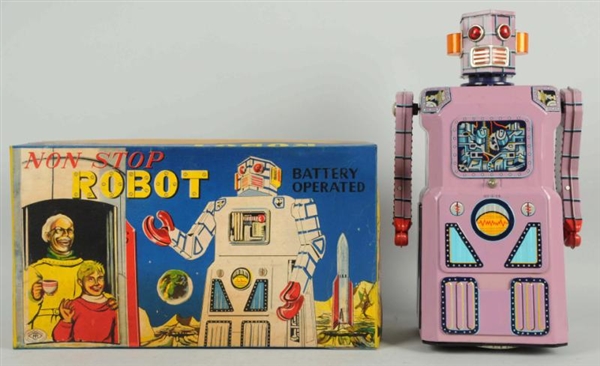 TIN LITHO LAVENDER NON-STOP BATTERY-OP ROBOT TOY. 