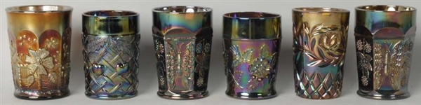 LOT OF 6: ASSORTED CARNIVAL GLASS TUMBLERS.       