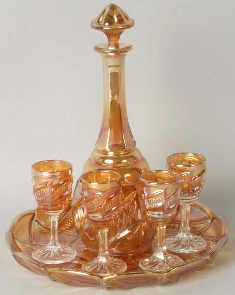 CARNIVAL GLASS DECANTER & TRAY.                   