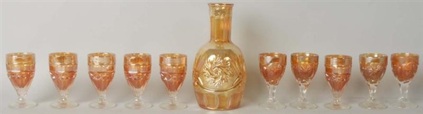 LOT OF CARNIVAL GLASS DECANTER & GOBLETS.         