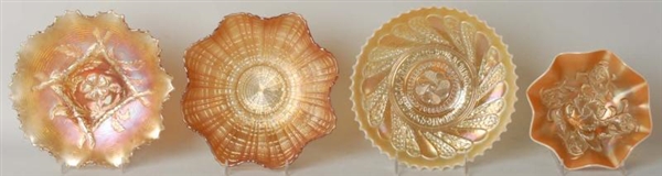 LOT OF 4: CARNIVAL GLASS PLATES & BOWLS.          