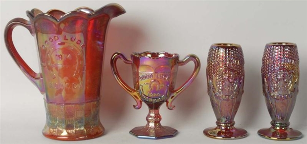 LOT OF 4: CARNIVAL GLASS GOOD LUCK PIECES.        
