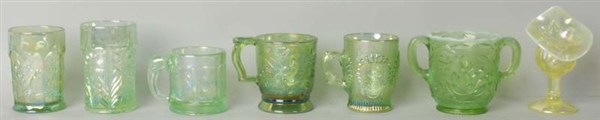 LOT OF 7: GREEN CARNIVAL GLASS PIECES.            