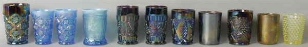 LOT OF 11: ASSORTED CARNIVAL GLASS TYPE TUMBLERS. 